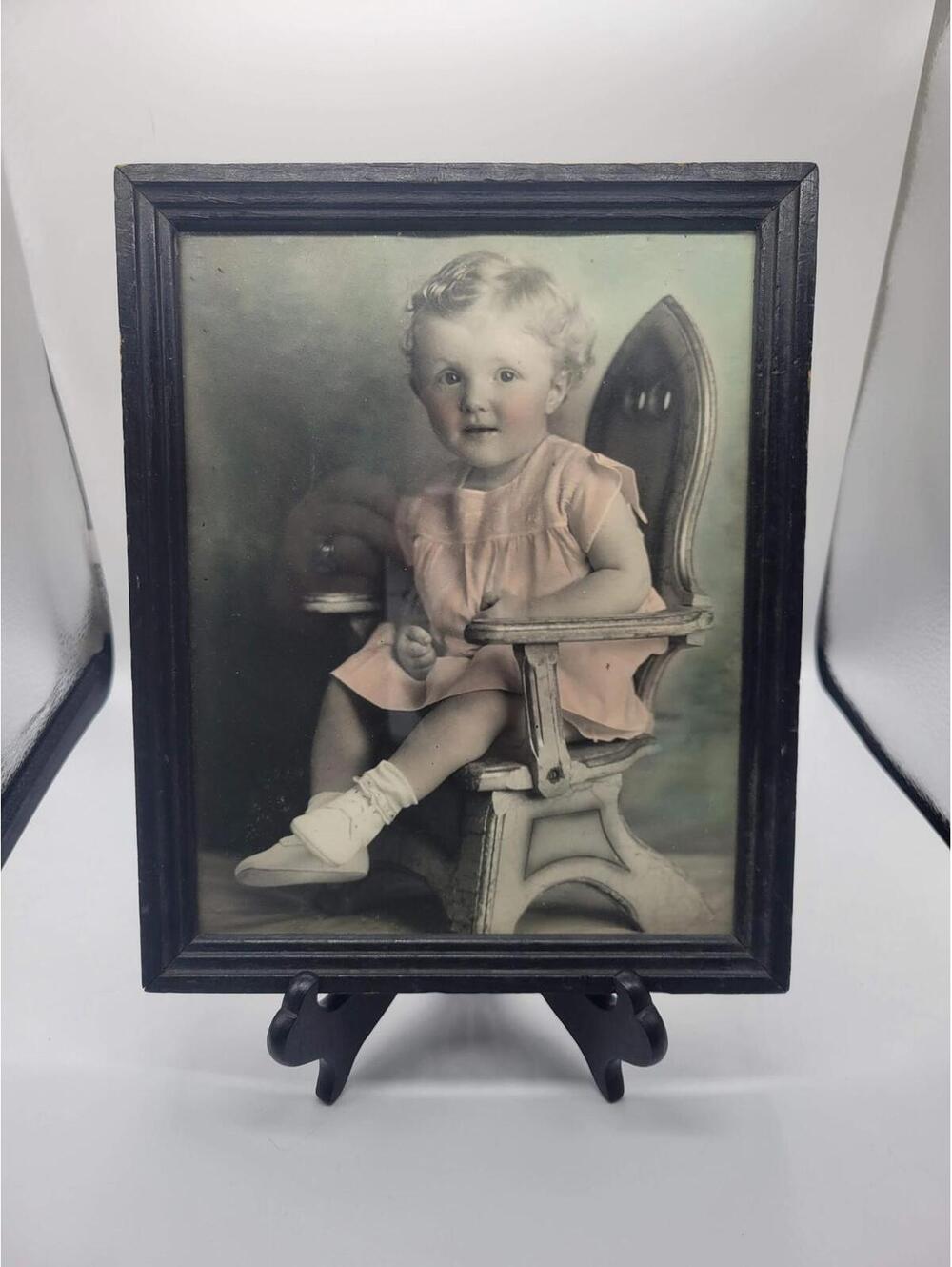 Vintage Hand Tinted Baby Girl Portrait Photograph Framed 8x10 Black Wood Frame